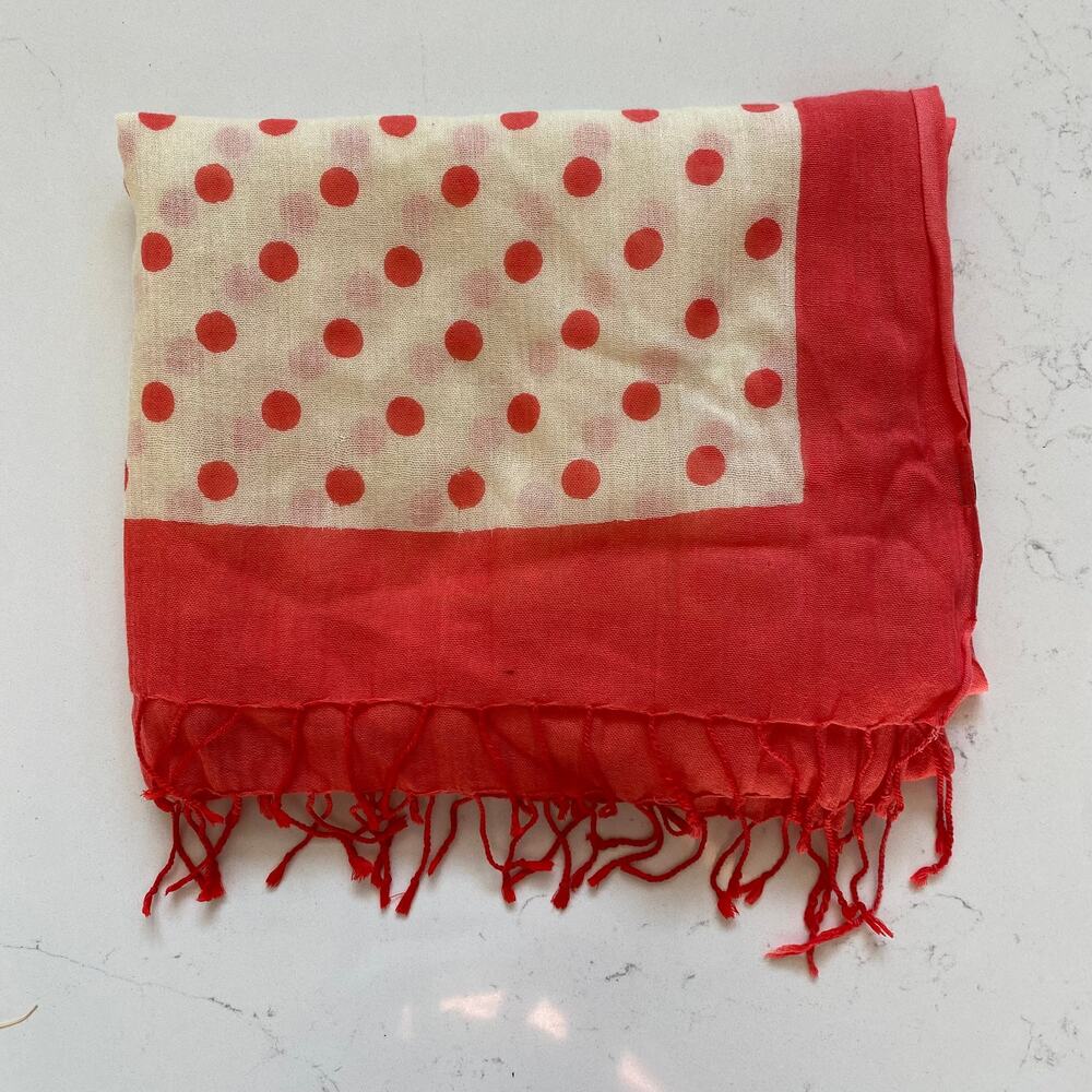 Banana Republic Salmon/Coral Polka Dots on Ivory Long Fringed Scarf